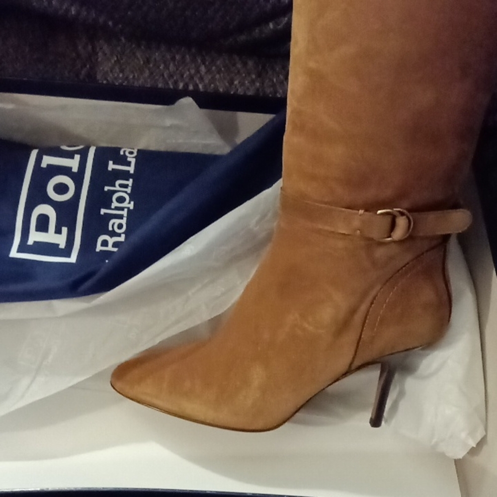 Ralph Lauren Tan Heeled Boots with Decorative Buckle